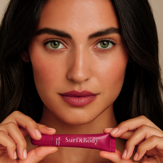 Woman holding a peptide lip gloss in berry colour. Peptide lip tint in berry colour named Rebel. 
